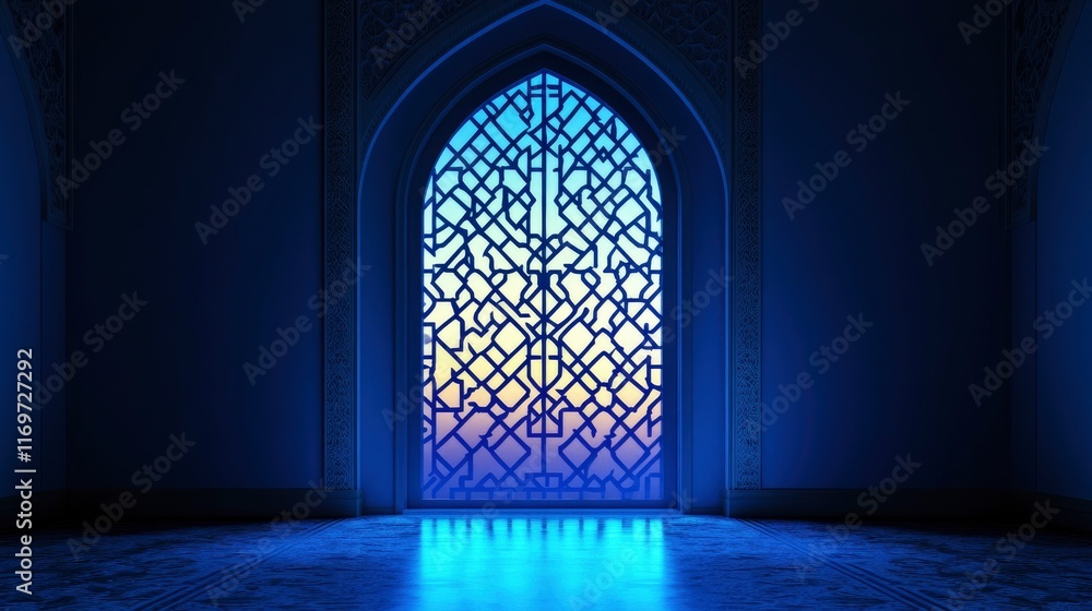 3D rendering of a blue, glowing Islamic window with Arabic geometric patterns and a night sky background. Empty room or mosque interior with light from the doorway. Ramadan Kareem for text 3D rendering of a blue, glowing Islamic window with Arabic geometric patterns and a night sky background. Empty room or mosque interior with light from the doorway. Ramadan Kareem for text