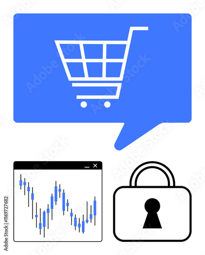 Shopping cart in blue speech bubble, fluctuating stock market graph, and padlock icon. Ideal for e-commerce, financial analysis, cybersecurity, online shopping, stock trading, data protection secure