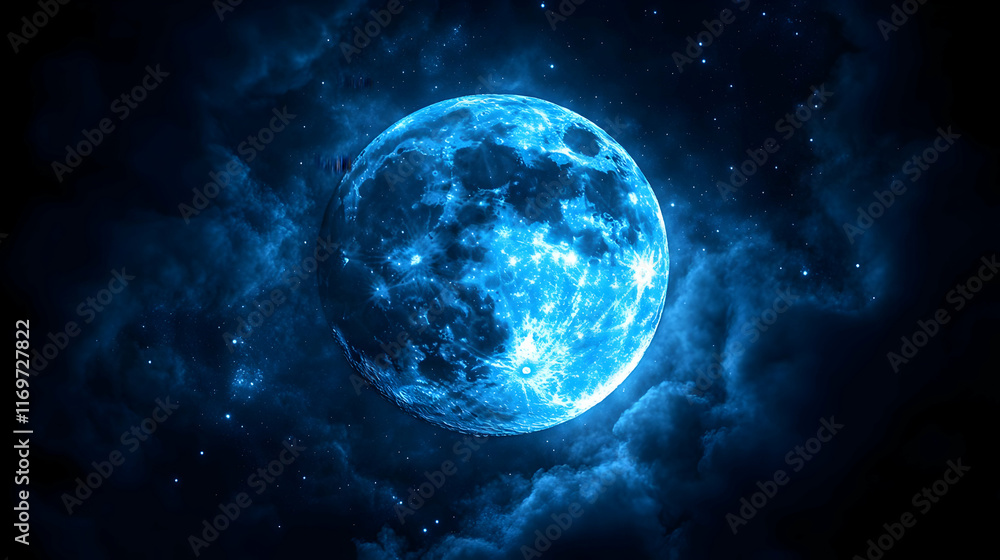 Obraz premium Glowing blue moon in dark space with clouds.