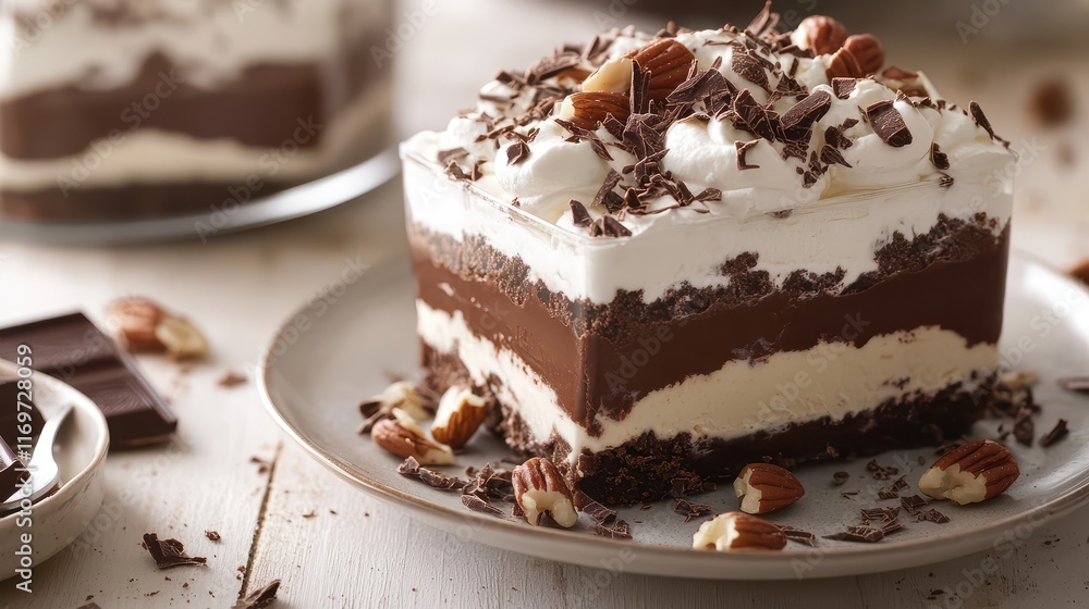 A decadent layered chocolate dessert topped with whipped cream, crunchy nuts, and delicate chocolate shavings, offering a rich and indulgent treat. A decadent layered chocolate dessert topped with whipped cream, crunchy nuts, and delicate chocolate shavings, offering a rich and indulgent treat.