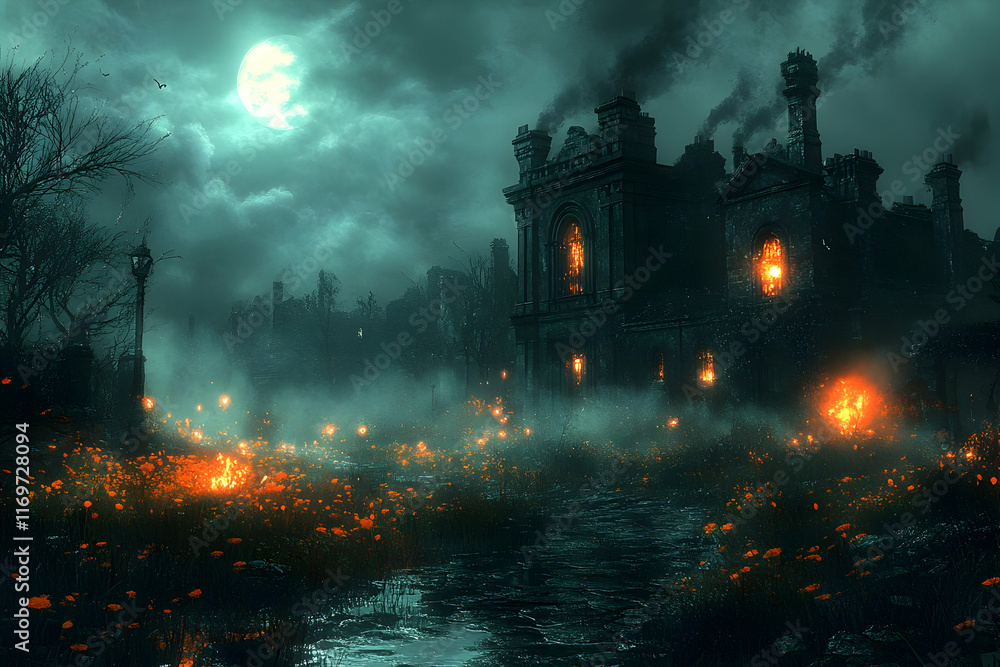 Eerie mansion, moonlit night, fiery flowers, misty path, ruins. Eerie mansion, moonlit night, fiery flowers, misty path, ruins.
