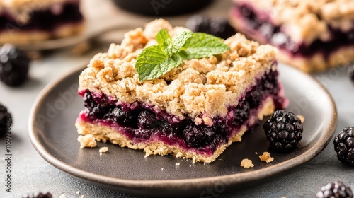 A delectable blackberry crumble bar featuring a buttery crust and a juicy berry filling, representing the perfect homemade dessert indulgence. photo