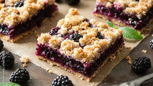 A delectable blackberry crumble bar featuring a buttery crust and a juicy berry filling, representing the perfect homemade dessert indulgence. photo