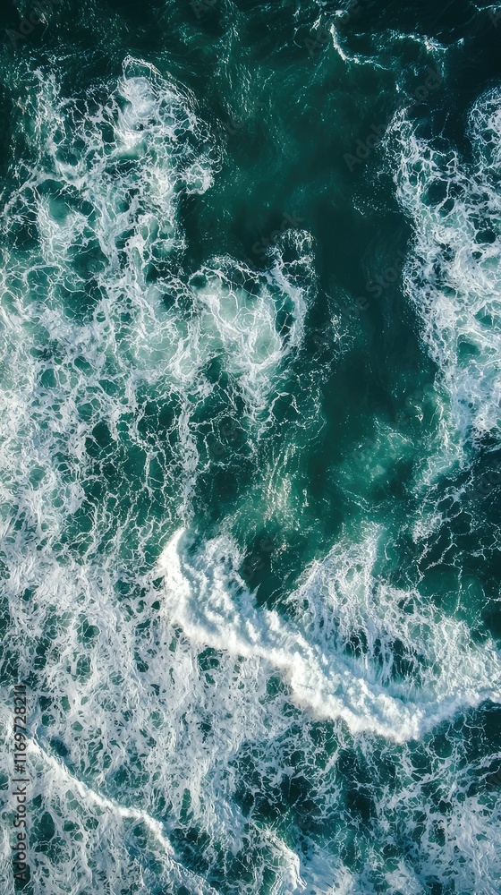 Fototapeta premium Aerial View of Turbulent Ocean Waves with Foam and Deep Blue Waters