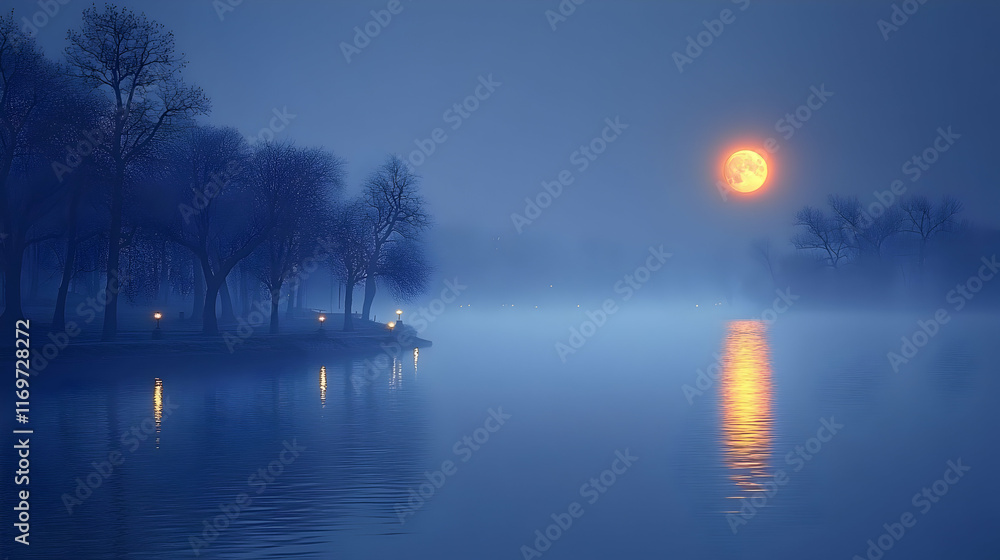 Obraz premium Misty lake scene with large orange moon and silhouetted trees.