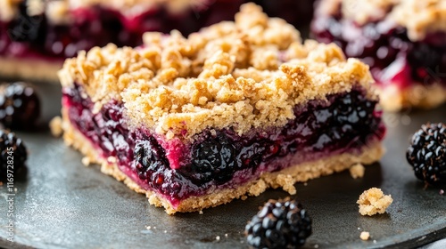 A delectable blackberry crumble bar featuring a buttery crust and a juicy berry filling, representing the perfect homemade dessert indulgence. photo