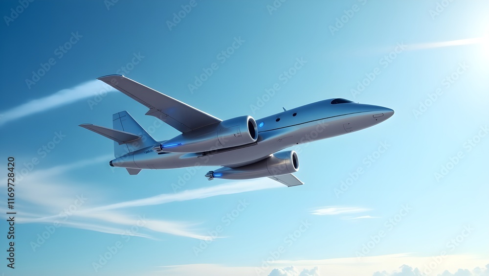 A conceptual image of futuristic batteries powering an electric airplane A conceptual image of futuristic batteries powering an electric airplane