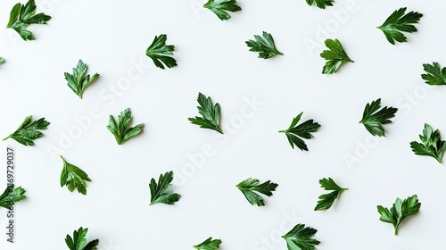 Flat lay of fresh parsley leaves arranged on white background.