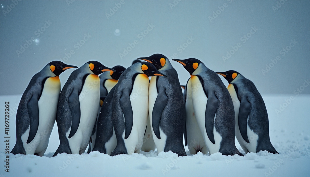 Fototapeta premium Group of emperor penguins huddling together in the snow