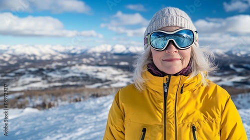 A seasoned female skier, clad in winter clothing and a helmet, is captured on a mountain slope blanketed in snow. photo