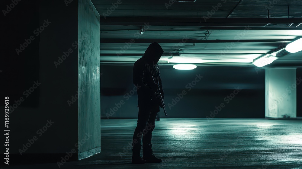 Fototapeta premium A dramatic scene of an armed robber in a dark parking garage creates an intense crime concept, highlighting the danger and urgency of the situation.