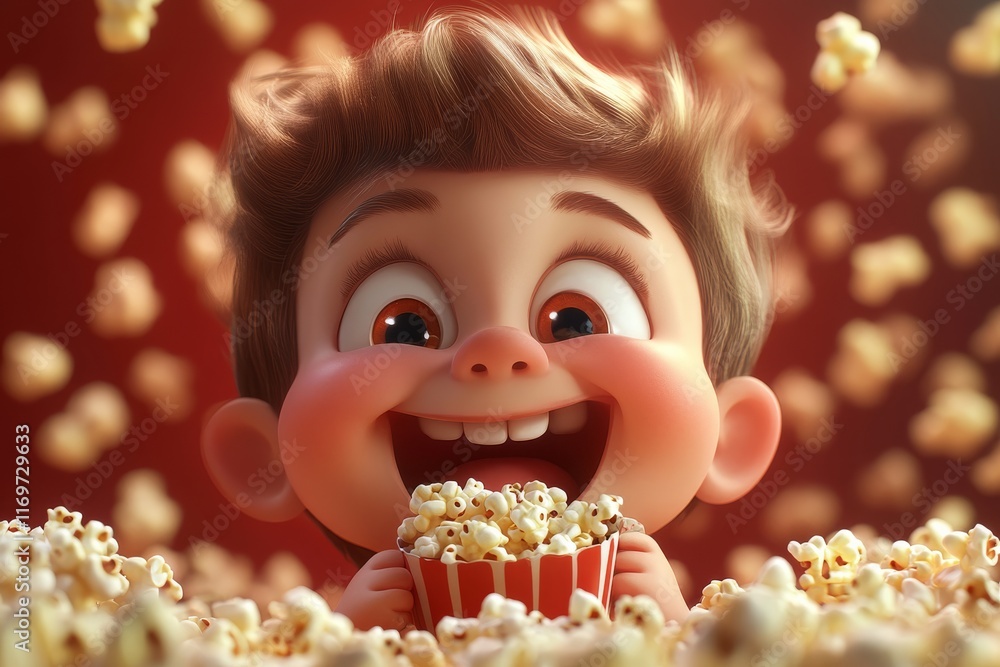 Naklejka premium Cartoon Child Enjoying Popcorn