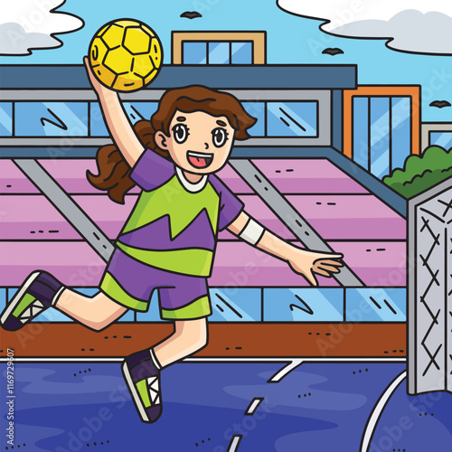 Female Handball Player with a Jump Shot Colored 