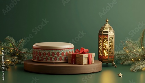 3D rendering of a podium with Ramadan Kareem theme decoration, including a drum, lantern, and gift box on a green background for a product presentation template. isolated on a solid color background. photo