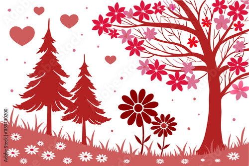 Romantic Red Valentine's Day Tree & Flower Illustration - Vector Graphic.