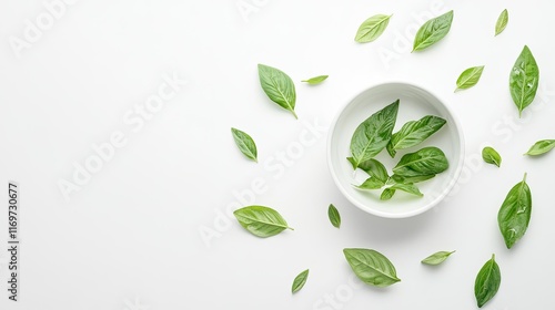 Wallpaper Mural Fresh basil leaves in a white bowl on white background. Torontodigital.ca