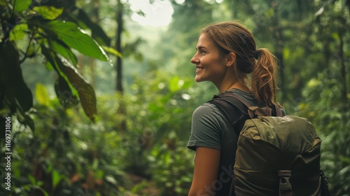 A female tourist exploring a lush natural forest, engaged in ecotourism with the guidance of local experts, emphasizing sustainable travel and minimal environmental impact. photo