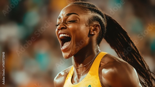 A female track and field athlete exuberantly celebrating her victory after winning a sprint race at a sports event. photo