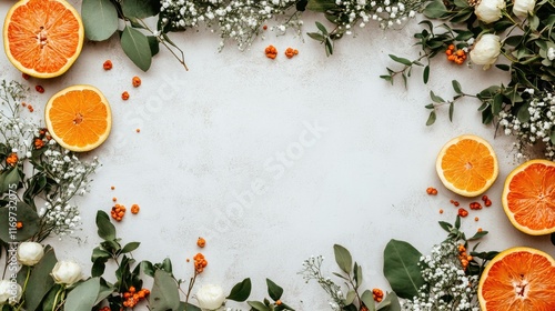 Wallpaper Mural Fresh citrus fruits and flowers arranged in a border on a light gray background. Torontodigital.ca