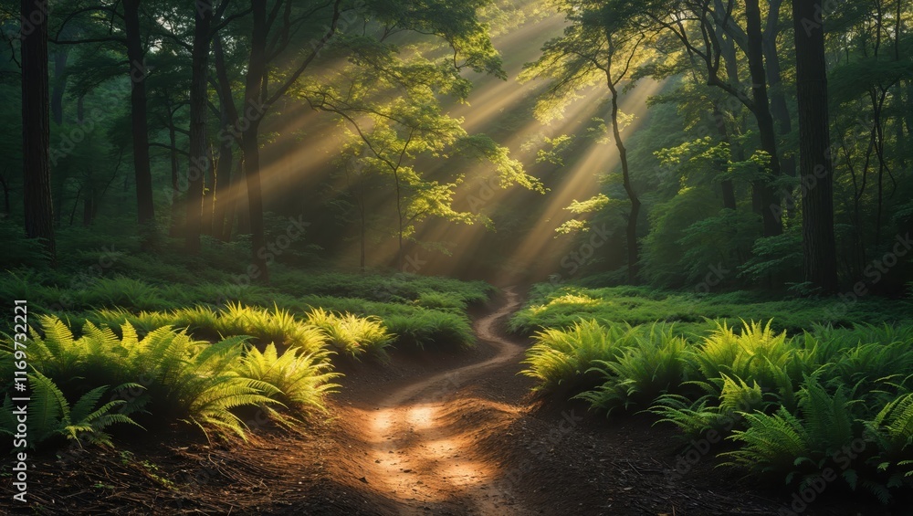 Obraz premium A serene forest pathway framed by lush ferns, illuminated by golden sunbeams filtering through the greenery.