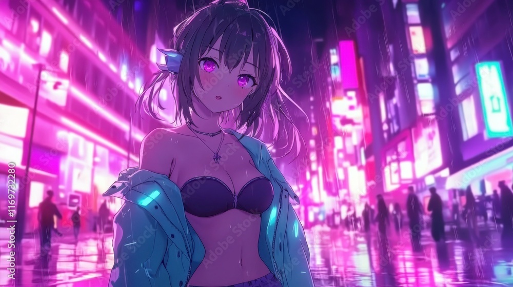 Cyberpunk Rainy Night Anime Girl in Neon City Streets