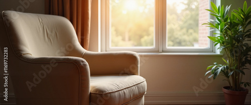 Cozy chair by sunlit window in comforting living room, victim rehabilitation photo