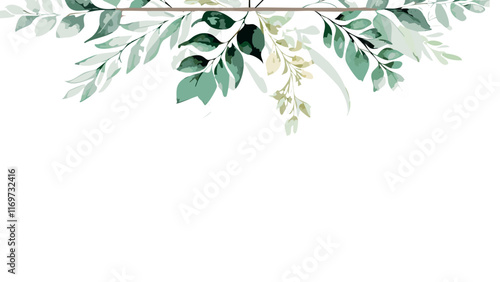 Watercolor had drawn  leaves, simple soft background design, blank wallpaper vector illustration.Seamless herbal composition for wedding or greeting card. Spring Border with leaves eucalyptus.