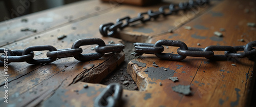 Symbolic broken chain on wooden table, representing severed connections photo