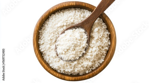 A flour-coated spoon rests within a wooden bowl filled with rice or wheat flour, set against a transparent or white background. photo