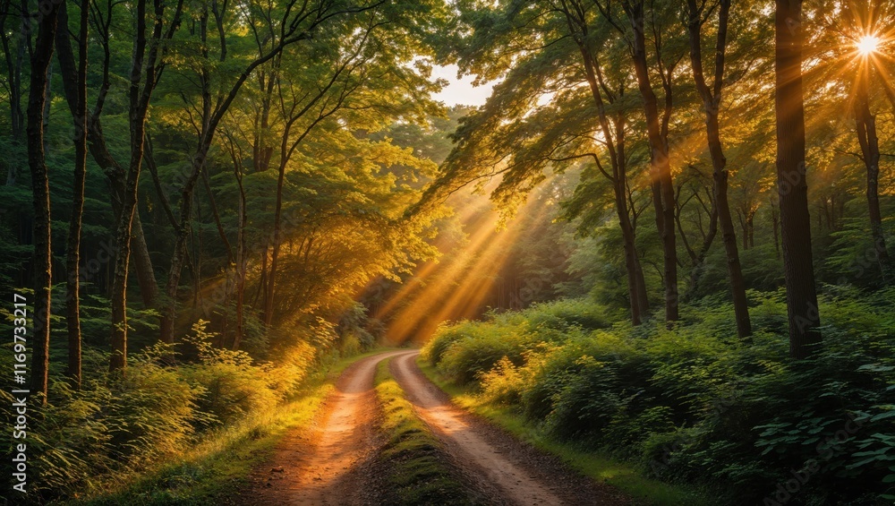 Obraz premium A serene forest path bathed in golden sunlight, surrounded by lush greenery, creating a peaceful and inviting atmosphere.