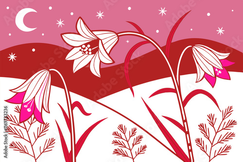 Stylized Night Bloom: Red & Pink Flowers, Line Art.