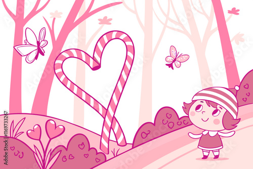 Valentine's Day Girl in Pink Candy Cane Heart Forest - Sweet Illustration.