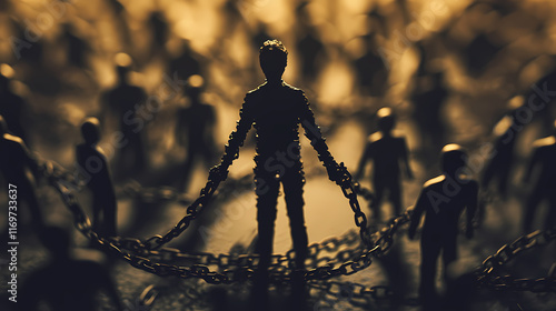 A powerful highdefinition photo of a person figurine with hands bound by chainlike word structures standing in front of shadowy crowd figures symbolizing societal pressures. Rimebound. Illustration photo