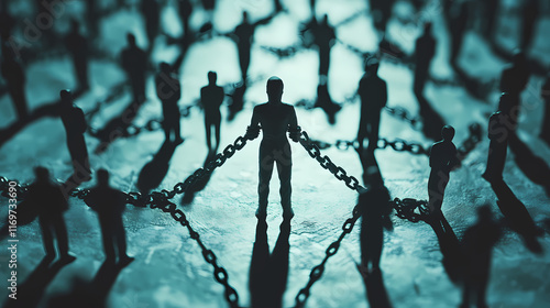 A powerful highdefinition photo of a person figurine with hands bound by chainlike word structures standing in front of shadowy crowd figures symbolizing societal pressures. Rimebound. Illustration photo