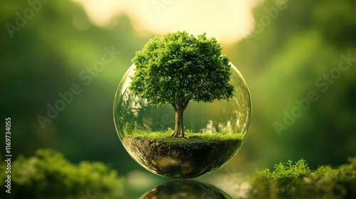 A globe ball with a tree growing from it set against a green nature background, symbolizing the harmony between the earth and nature. photo