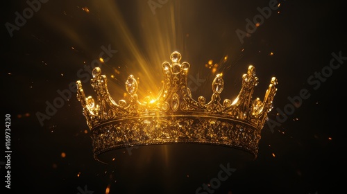 A golden beam illuminates a majestic crown against a stark black background, highlighting its regal details and rich, shimmering gold. photo