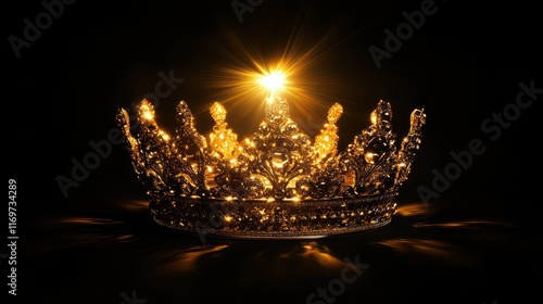 A golden beam illuminates a majestic crown against a stark black background, highlighting its regal details and rich, shimmering gold. photo