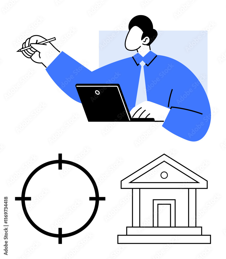 Professional man writing while using laptop, black target circle, line art of government building. Ideal for workflow optimization, business strategy, finance, governance, precision, education Professional man writing while using laptop, black target circle, line art of government building. Ideal for workflow optimization, business strategy, finance, governance, precision, education