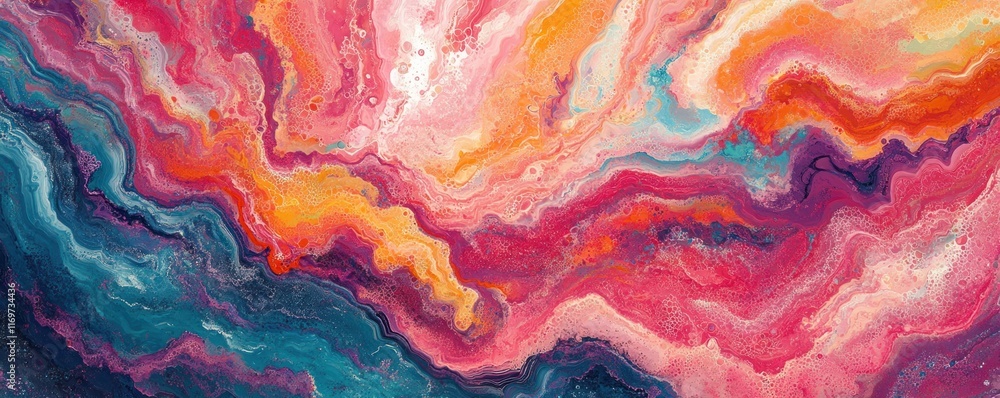 Fototapeta premium Background vibrant blend of swirling pink, red, and blue hues in an abstract fluid art composition, perfect for dynamic backfrop and creative backgrounds