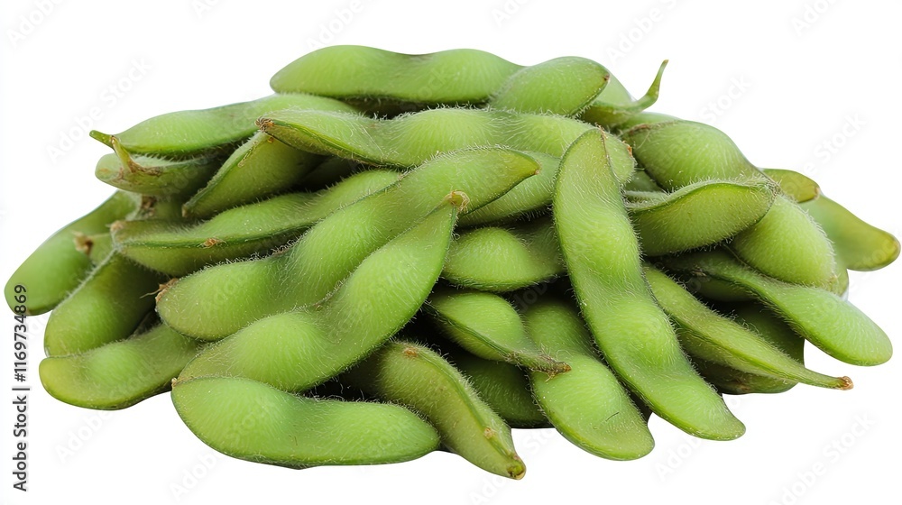 Fresh green edamame soybeans in a pile, isolated on white background. Fresh green edamame soybeans in a pile, isolated on white background.