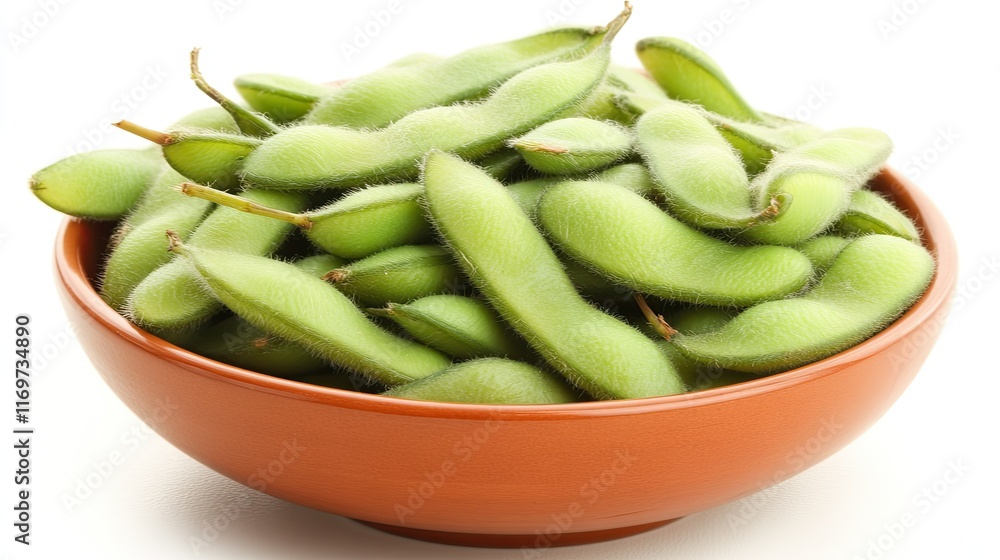 Fresh green edamame beans in a brown bowl. Fresh green edamame beans in a brown bowl.