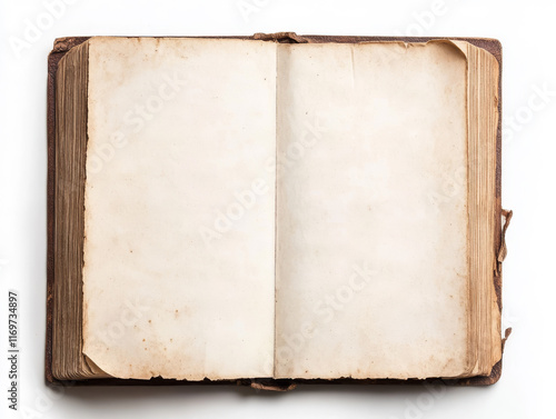 Antique book with aged, creamy pages open wide.  The weathered leather cover adds to its vintage charm.