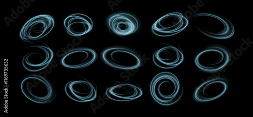 Abstract Glowing Light Swirls Overlay Effect Set on a Dark Background. A collection of luminous swirl patterns on a dark background, emanating a sense of motion and energy. Vector illustration