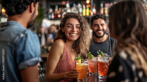 A group of young friends hanging out and having drinks together at a bar, enjoying a lively social atmosphere and camaraderie. photo