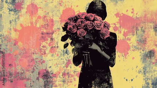 A grunge halftone collage design featuring a person holding a bouquet of roses. photo