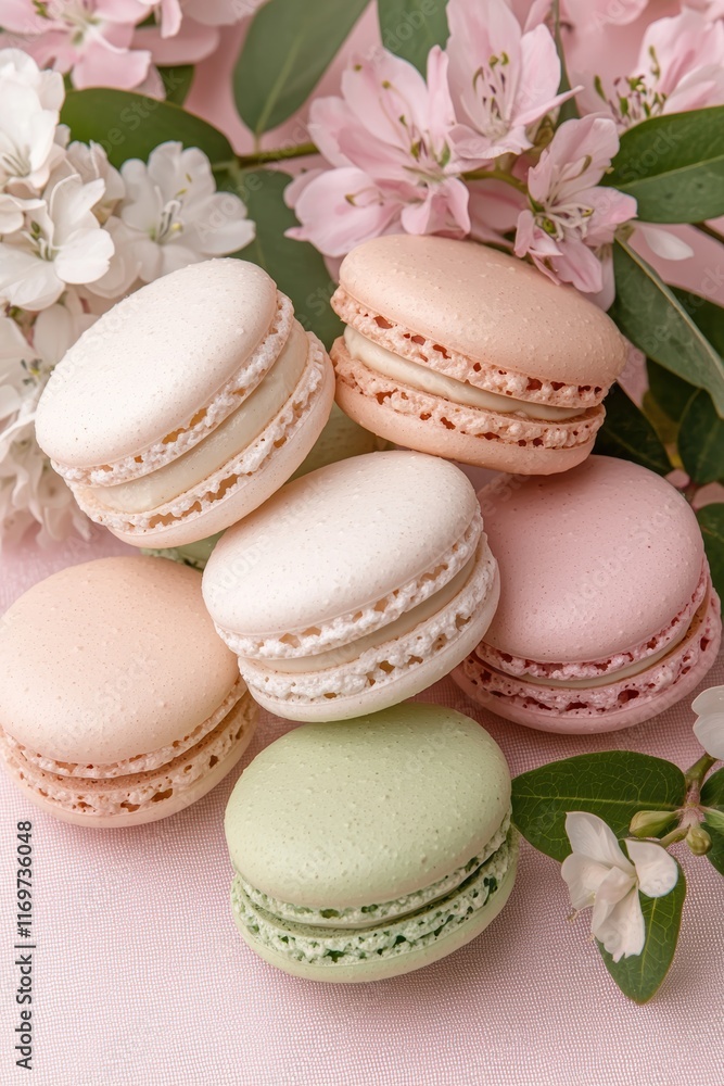 Pastel macarons with pink flowers Pastel macarons with pink flowers