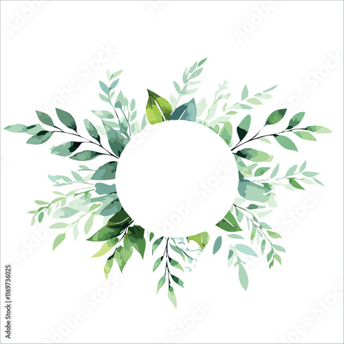 Botanic Card, Watercolor invitation design with herbs and leaves. Hand painted floral background. Template. green Frame. drawing nature vector illustration isolated on white background