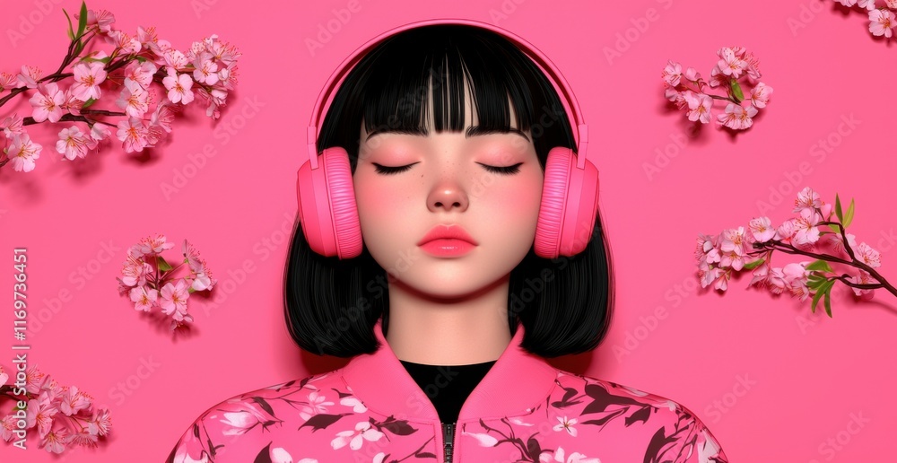 Anime girl wearing pink headphones and jacket, surrounded by cherry blossoms Anime girl wearing pink headphones and jacket, surrounded by cherry blossoms