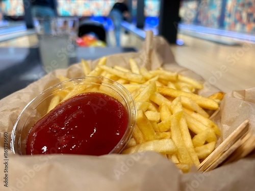 A basket of crispy golden fries with a cup of ketchup in the foreground, set against a vibrant bowling alley background