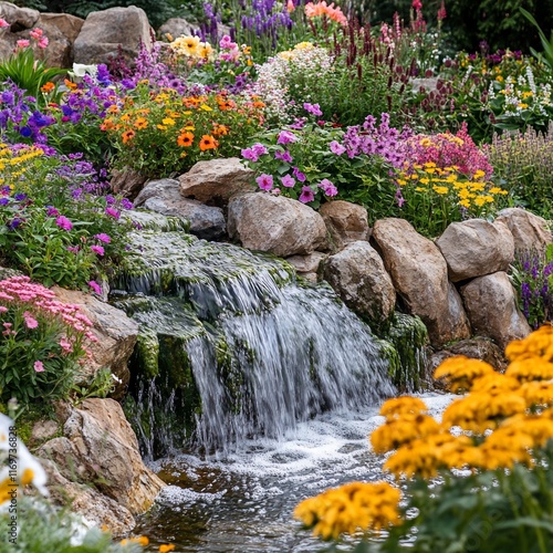 Wallpaper Mural Vibrant flowers bloom around a cascading waterfall in a lush garden. Torontodigital.ca